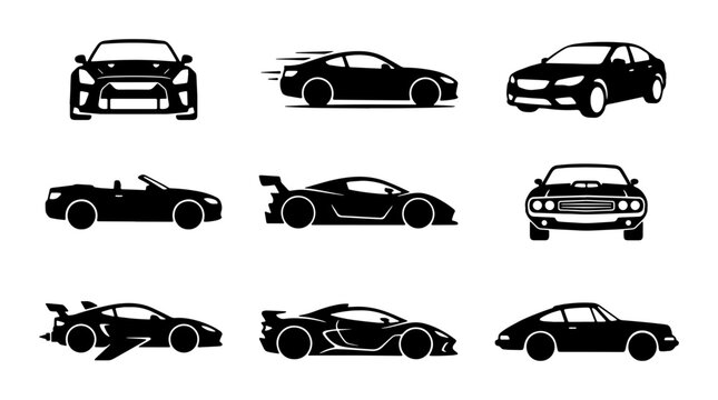 Modern car silhouette icons set, black automotive vector graphics, sports car and sedan vehicle symbols, 9 racing and luxury transport illustrations