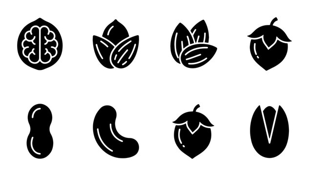 Minimalist nut icon set with 8 black solid vectors, organic walnut and almond symbols, healthy snack food graphics for packaging and menus