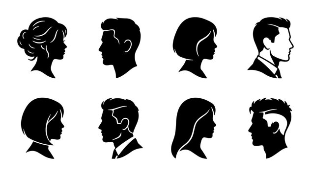 Minimalist profile silhouette icons, set of 8 male and female head vectors, black and white human face side view portraits for user avatars
