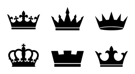 Royal crown silhouette collection, set of 6 black heraldic tiara icons, majestic king and queen headwear symbols, elegant imperial coronet vector elements © Jharna