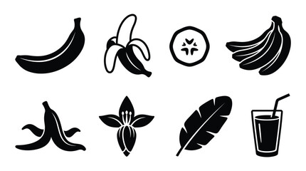 Fototapeta premium Clean vector set of banana icons: whole, peeled, slice, bunch, peel, flower, leaf, and juice. Perfect for food, health, tropical design, and web UI elements.