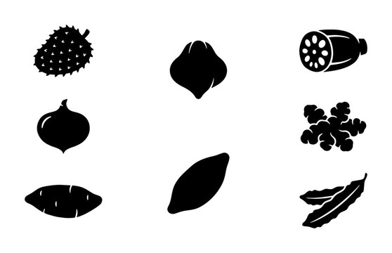 Asian vegetable icon set, black silhouette exotic produce collection, 8 vector elements including lotus root and ginger, organic food graphics