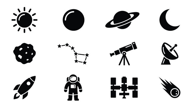 A comprehensive set of isolated black vector icons for astronomy, cosmos, and space exploration. Ideal for science, educational apps, and modern interfaces.