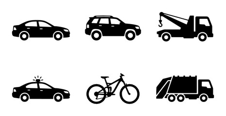 Transportation vehicle icons set, black silhouette car and truck symbols, 6 vector elements including police car, bicycle, and garbage truck for city maps © Jharna