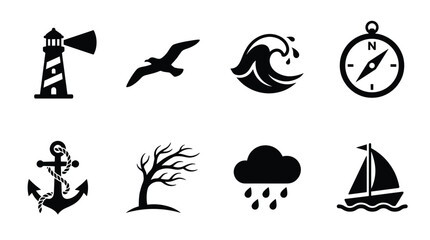 Obraz premium A versatile vector icon set for sea, navigation, and weather themes. Ideal for web, app design, travel, education, and marine content.
