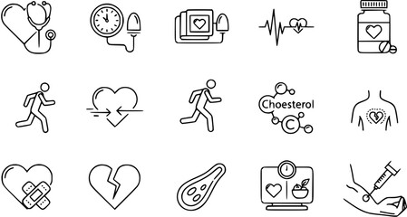 Fototapeta premium Medical Health Icons Set - Stethoscope, Heart, Cholesterol, Pills, ECG, Running, Blood Test, Broken Heart, Weight Scale, Vector Line Art