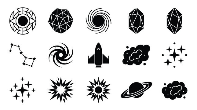 Collection of black minimalist cosmic and geometric vector icons, including stars, planets, rockets, galaxies, and abstract shapes. Ideal for sci-fi, tech, and educational design.