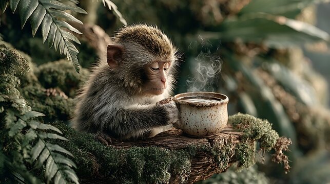 Curious monkey resting on mossy stone in lush forest pictures