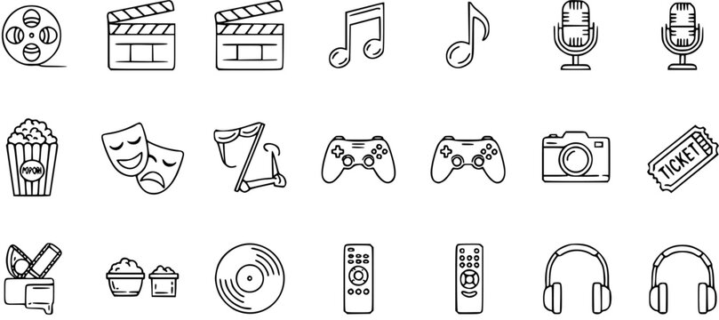 Black and White Line Art Entertainment and Media Icons Collection featuring Leisure, Arts, and Hobbies Symbols for Music, Film, Gaming, and Theater