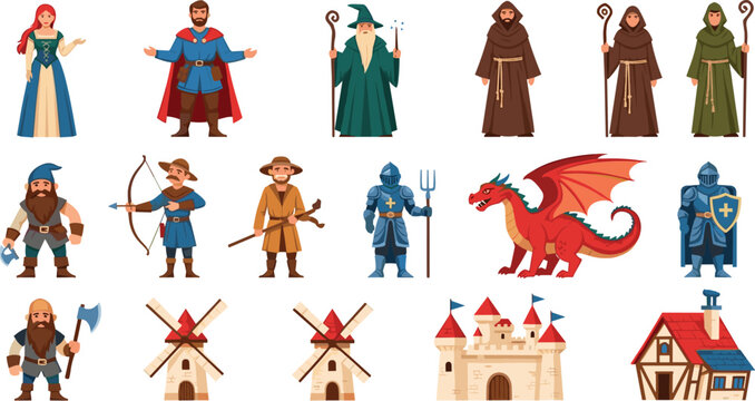 Fantasy Medieval Characters and Buildings Set Featuring Knights Wizards Archers Dragon Castle and Village Elements for Game Design and Story Illustration.