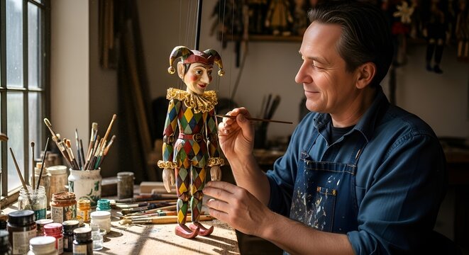 Puppet Maker Painting Jester Doll in Workshop, Craftsmanship and Artistry