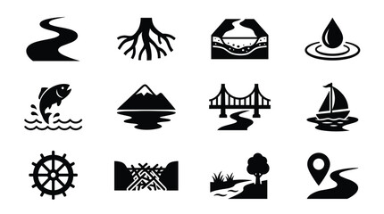 Obraz premium Versatile vector icon set featuring nature, water, travel, and navigation elements. Perfect for environmental projects, apps, and digital design.