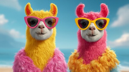 Fototapeta premium Two colorful llamas wearing sunglasses and fluffy beach attire stand against a bright blue sky and ocean backdrop, showcasing a playful and vibrant summer scene