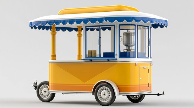 Colorful vintage-style food cart with a yellow and blue design, featuring a canopy and glass display windows, positioned on a neutral background