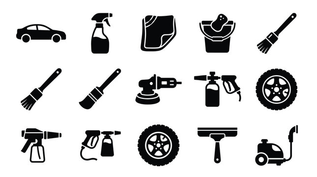 Comprehensive vector icon set showcasing essential car wash and auto detailing equipment. Perfect for service websites, apps, and informational graphics.