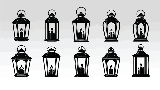 Collection of vintage lanterns with varying candle flame designs in black and white illustration Vector