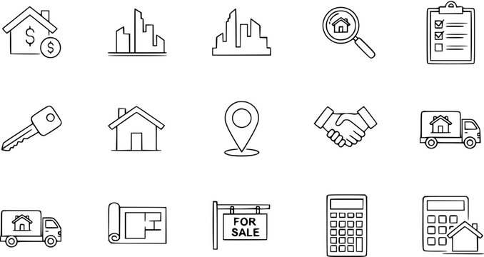 Real Estate Icons Set: House, Key, Blueprint, Calculator, Search, For Sale Sign, Truck, Handshake