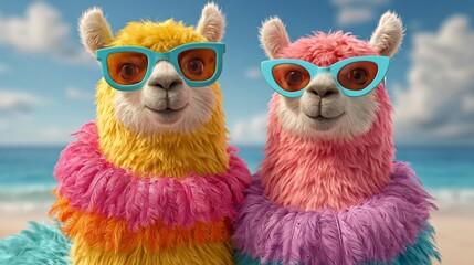 Fototapeta premium Two cartoon llamas wearing colorful sunglasses and fluffy beach attire stand together on a sunny beach with ocean waves and a clear blue sky in the background