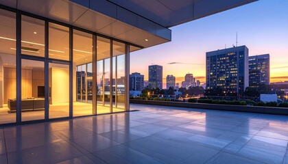 Obraz premium Modern glass building terrace overlooking a cityscape at sunset with vibrant sky colors