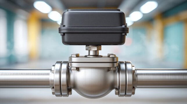 Industrial valve with electronic actuator mounted on a stainless steel pipe, showcasing precision engineering in a modern workshop environment with blurred background