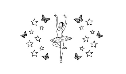 Symmetrical ballerina pose with stars and butterflies black and white minimal vector design © ShanjidaAkter