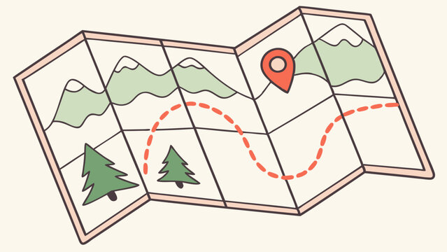 Minimalist vector illustration of a paper map showing route through mountains and forest