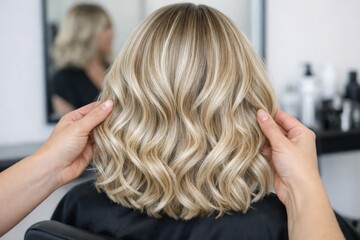 Fototapeta premium Wavy blonde hairstyle viewed from back in salon chair. Ai generative