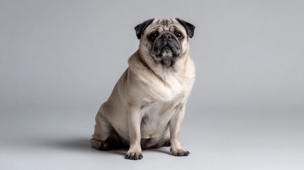Obraz premium full length of pug sitting on light grey background