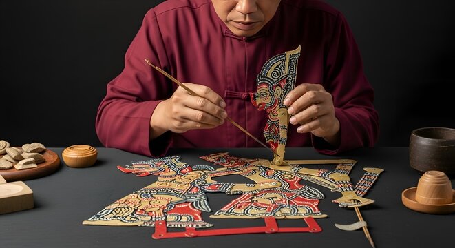 Artisan crafting traditional Chinese shadow puppets with intricate designs, close-up