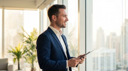 Fototapeta premium Successful businessman in suit holding digital tablet looking out office window. Leadership and career success concept.