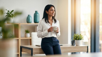 Fototapeta premium Successful Indian businesswoman holding coffee mug and leaning on office desk. Professional female entrepreneur taking a mindful break and thinking about business future.