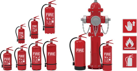 Obraz premium Fire Safety Equipment Set with Fire Extinguishers Hydrant and Emergency Signs for Industrial, Commercial, and Home Protection Vector Illustration