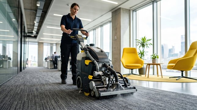 Man cleans dirty office carpet with vacuum cleaner. Professional cleaning service restores floor in modern workspace. Janitor uses equipment for deep 