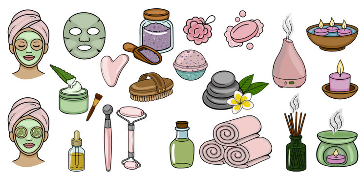 Spa and beauty vector illustration set, including facial masks, oils, candles, and aromatherapy diffuser
