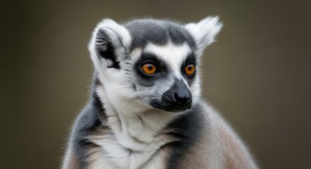 Fototapeta premium A close-up portrait of a ring-tailed lemur with striking orange eyes, showcasing its unique facial features and alert expression.