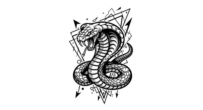 Black and white cobra illustration with geometric elements on white background