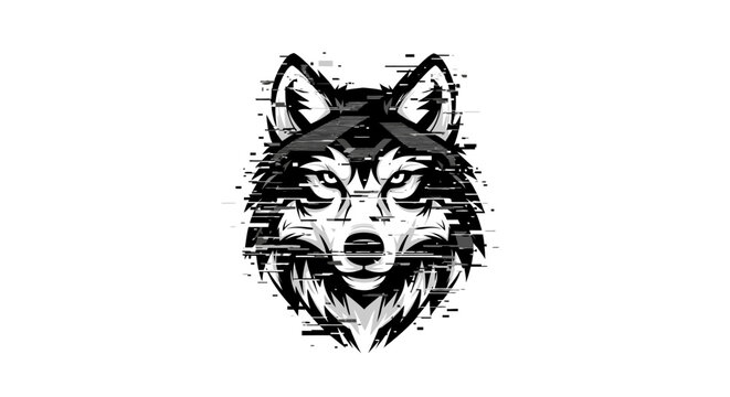 Black and white illustration of a wolf face with glitch effect isolated