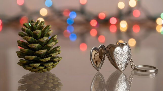 Pinecone and open heart-shaped locket on a reflective surface. Blurred festive bokeh lights in the background. A holiday romantic concept for the winter season.