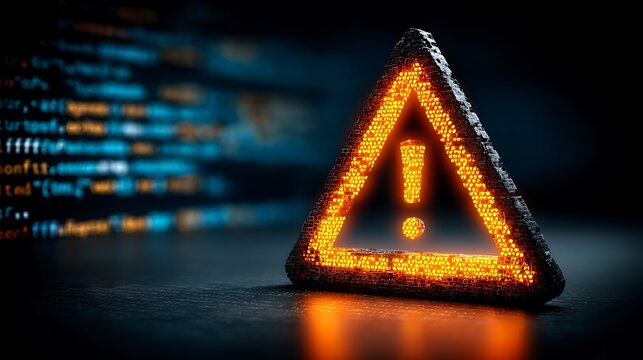 Glowing digital warning icon with exclamation mark representing cyber security alert and system error notification on blurred computer programming code background in dark room