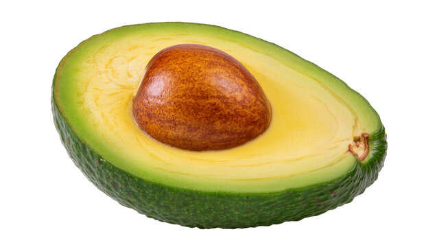Ripe halved avocado with large brown seed and green flesh