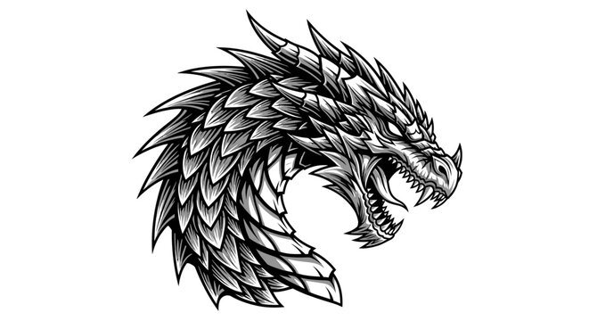 Detailed illustration of a dragon head with open mouth against white background