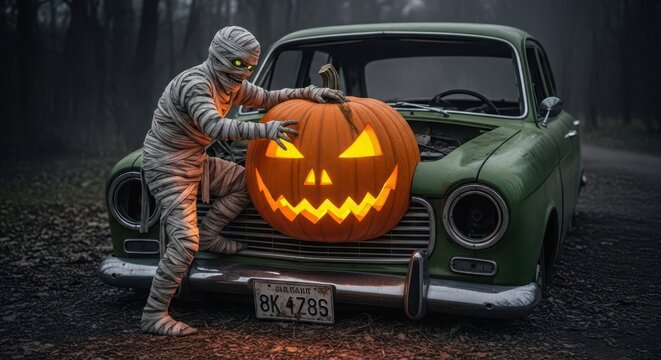Mummy with Glowing Jack-o-Lantern Poses on Vintage Car Hood in Spooky Forest Night