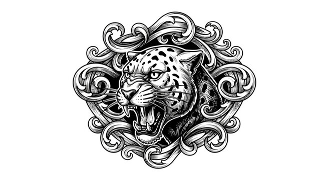 Detailed jaguar head illustration in ornamental frame on white background