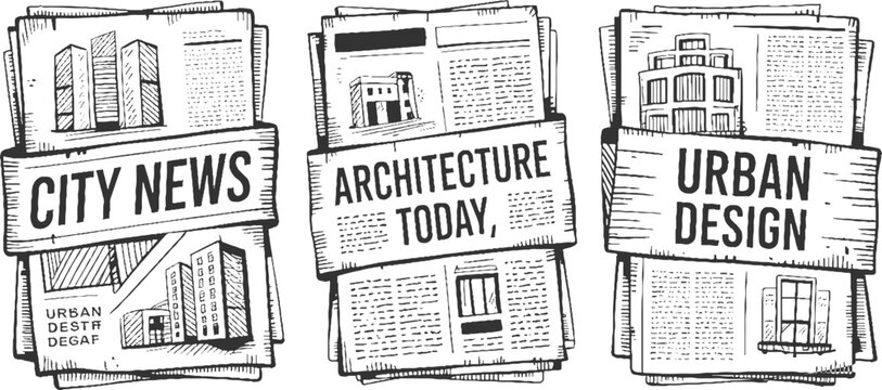 Three newspapers stacked featuring city news architecture today and urban with building
