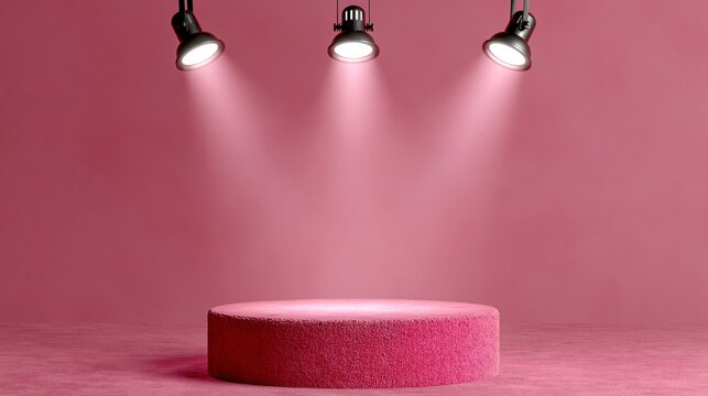Pink circular podium illuminated by three black spotlights against a solid pink background, creating a vibrant display area for presentations or performances