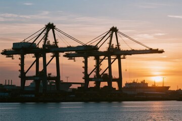 Fototapeta premium Silhouetted port cranes at sunset with cargo ship in the background