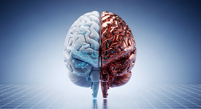 Human brain split into biological and technological halves representing the fusion of neuroscience and artificial intelligence