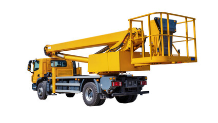 Obraz premium Yellow Aerial Work Platform Truck with Extended Boom and Metal Cage