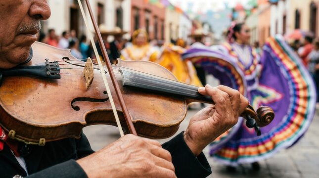 Senior musician playing violin during a traditional Mexican street festival. Cultural heritage celebration with folk dancers and festive atmosphere.