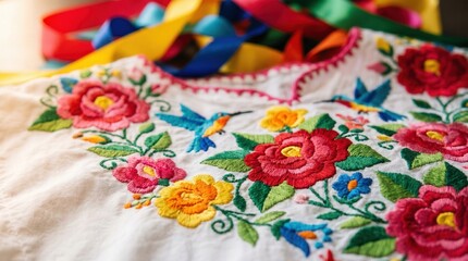Fototapeta premium Close up of traditional Mexican hand-embroidered blouse with vibrant floral patterns. Mexican culture, folk art and textile heritage.